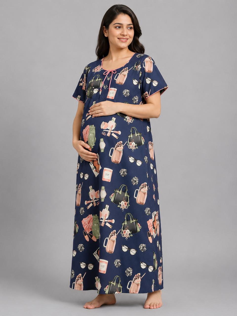 Fashionista Maternity Gown - Pure Cotton Round Neck Gown with 2 Invisible Zips for Feeding