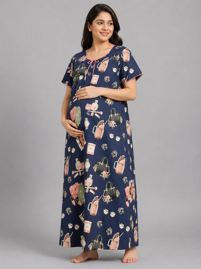 Fashionista Maternity Gown - Pure Cotton Round Neck Gown with 2 Invisible Zips for Feeding