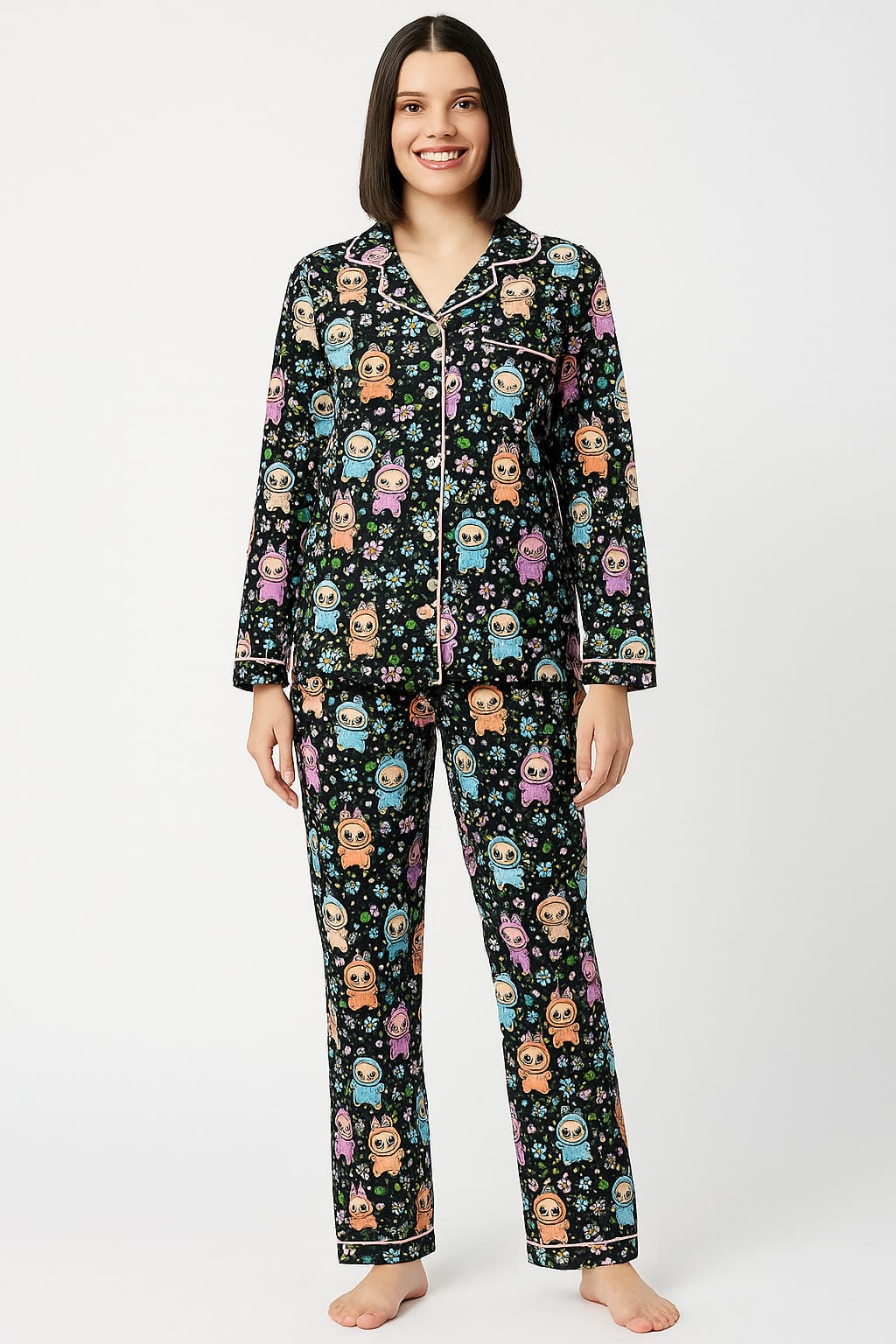 Black Labubu Button Down Pj Set - Cotton Rayon Pj Set with Notched Collar