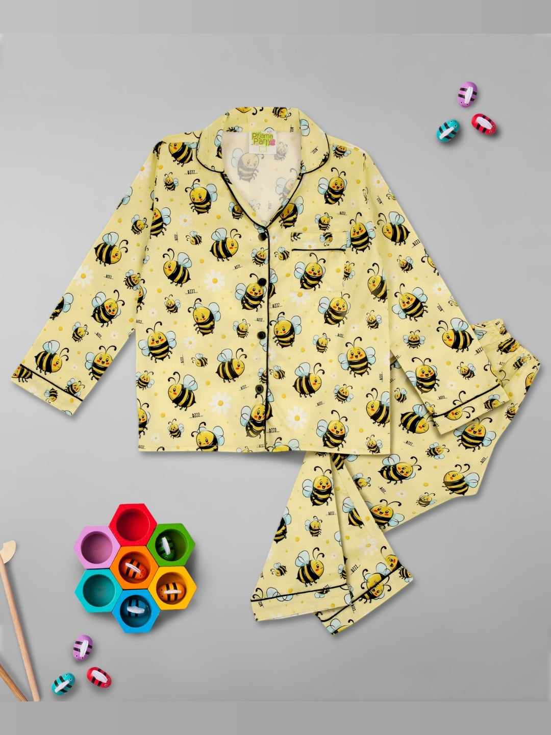 Bumblebee Kids Button Down Pj Set - Pure Cotton Pj Set with Notched Collar