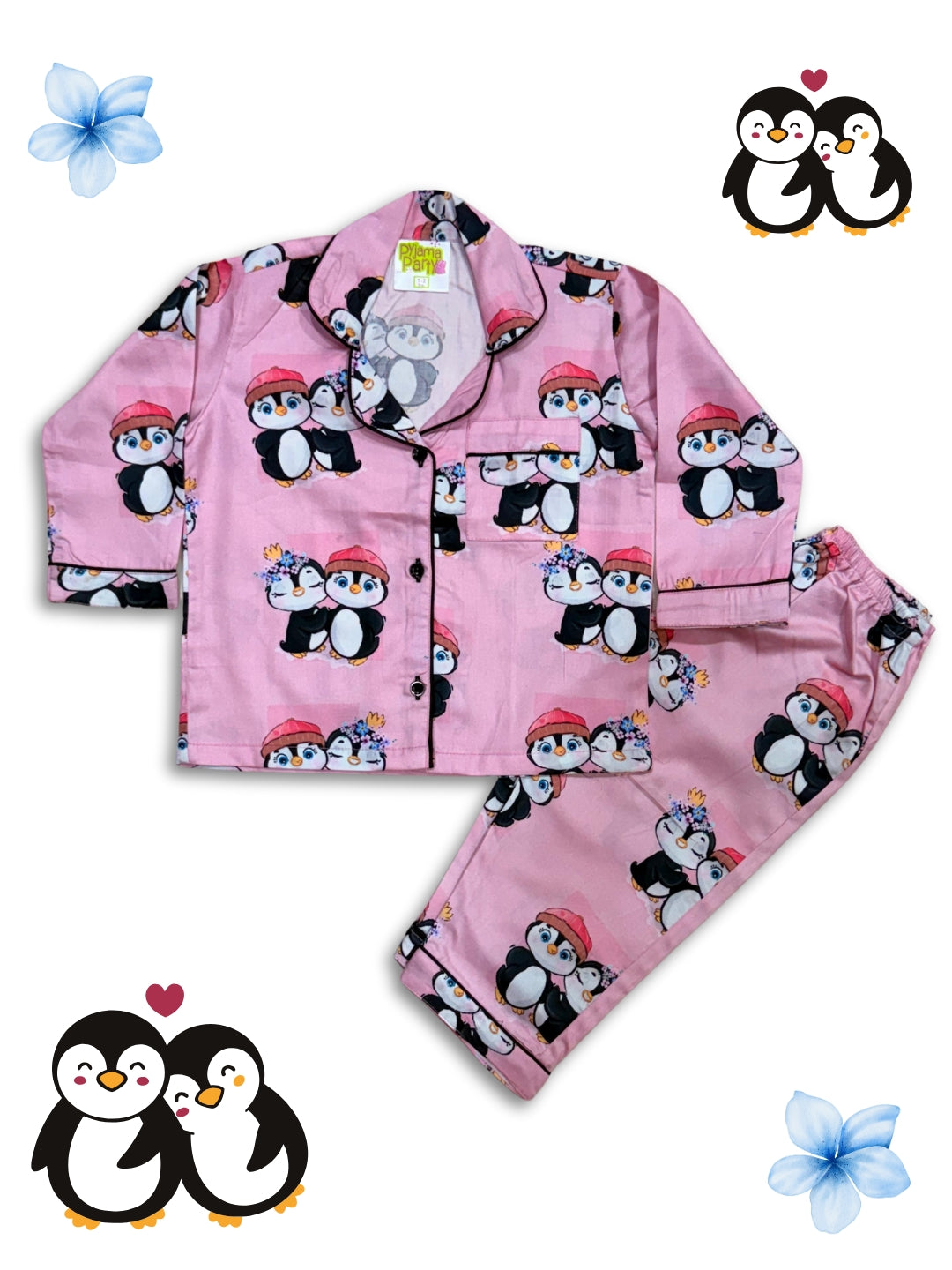 Pink Penguins Kids Button Down Pj Set - Pure Cotton Pj Set with Notched Collar
