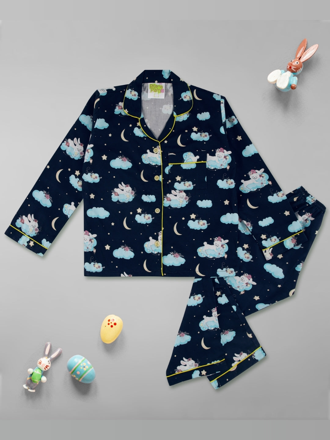 Bunny In The Cloud Kids Button Down Pj Set - Pure Cotton Pj Set with Notched Collar