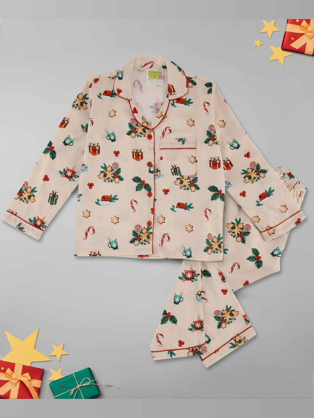 Christmas Cheers Kids Button Down Pj Set - Pure Cotton Pj Set with Notched Collar