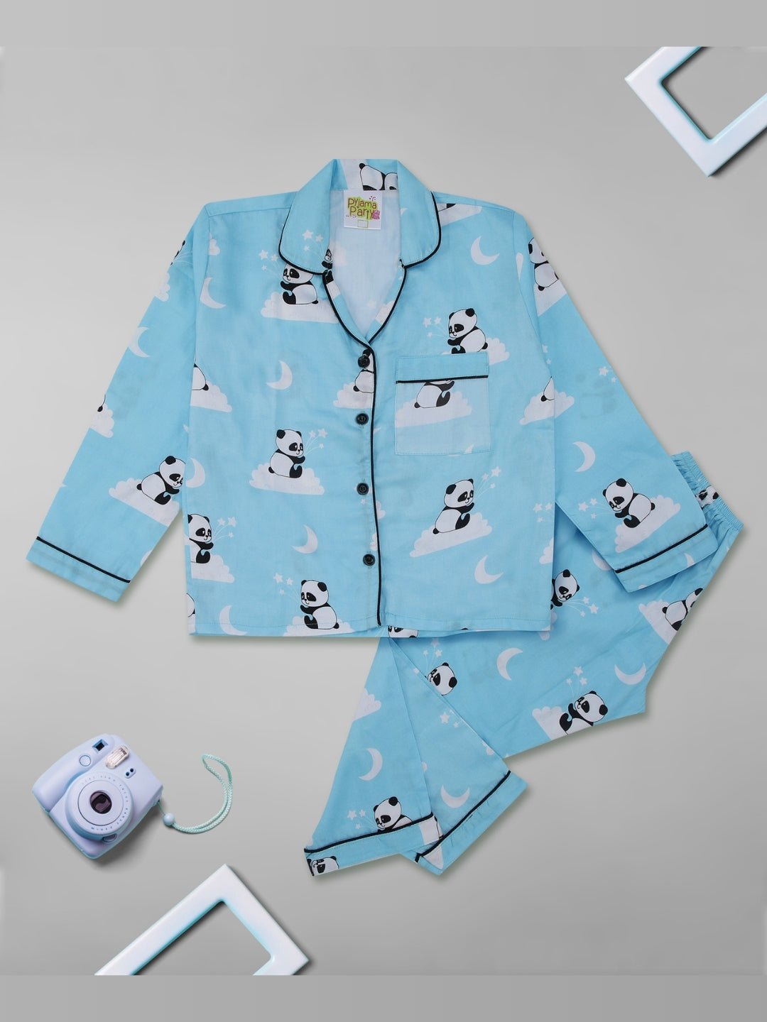 Dreaming Panda  Kids Button Down Pj Set - Pure Cotton Pj Set with Notched Collar