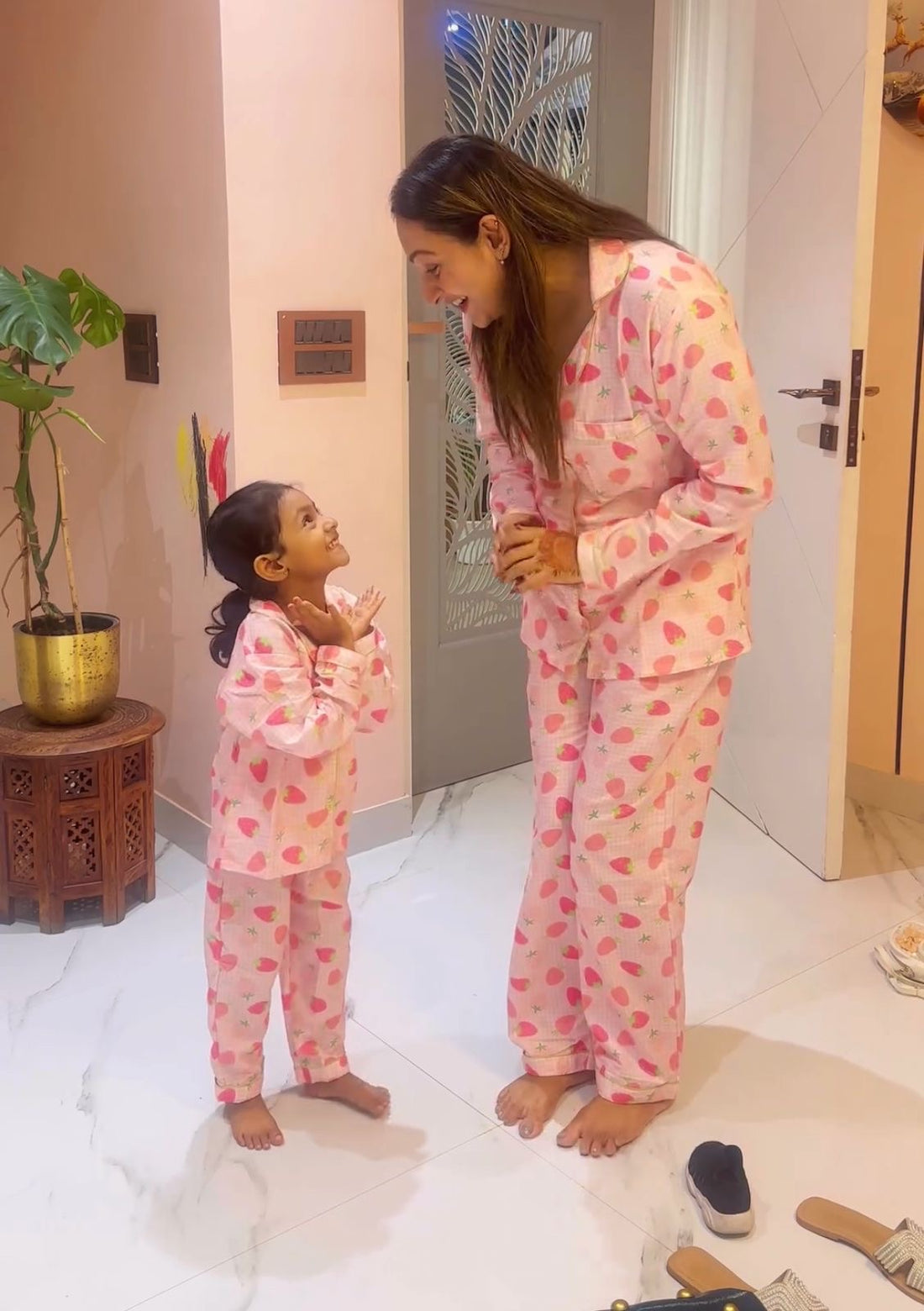Strawberry Sweetheart Cotton Rayon Mom &amp; Kids Twinning Pj Set