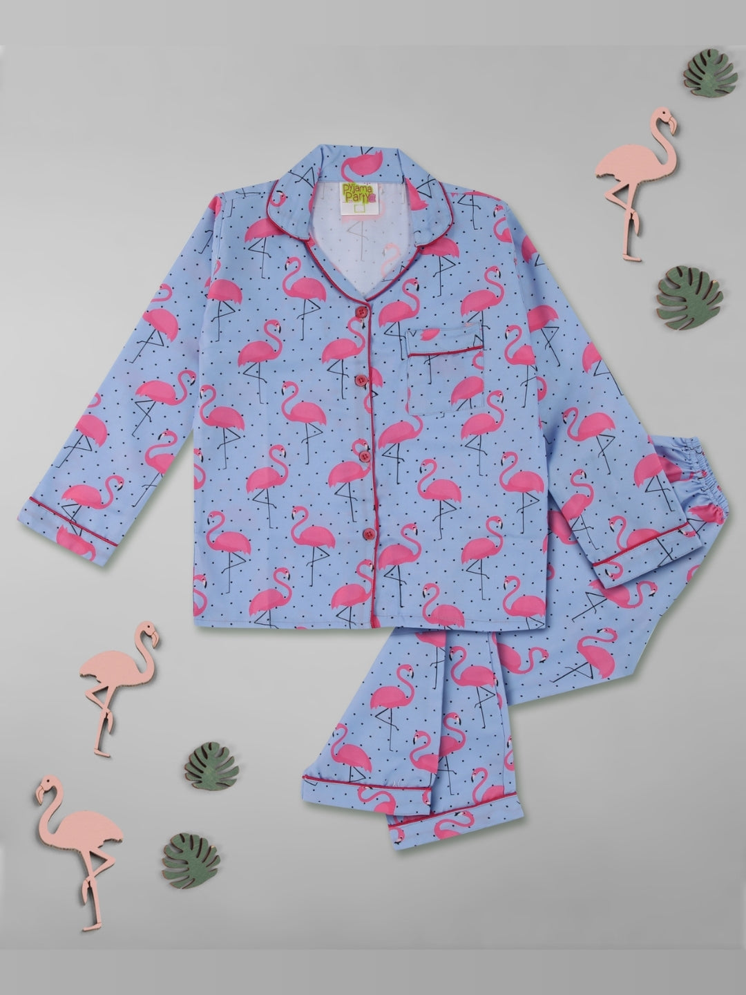 Flamingo and Dots Kids Pj Set - Cotton Rayon Pj Set with Notched Collar