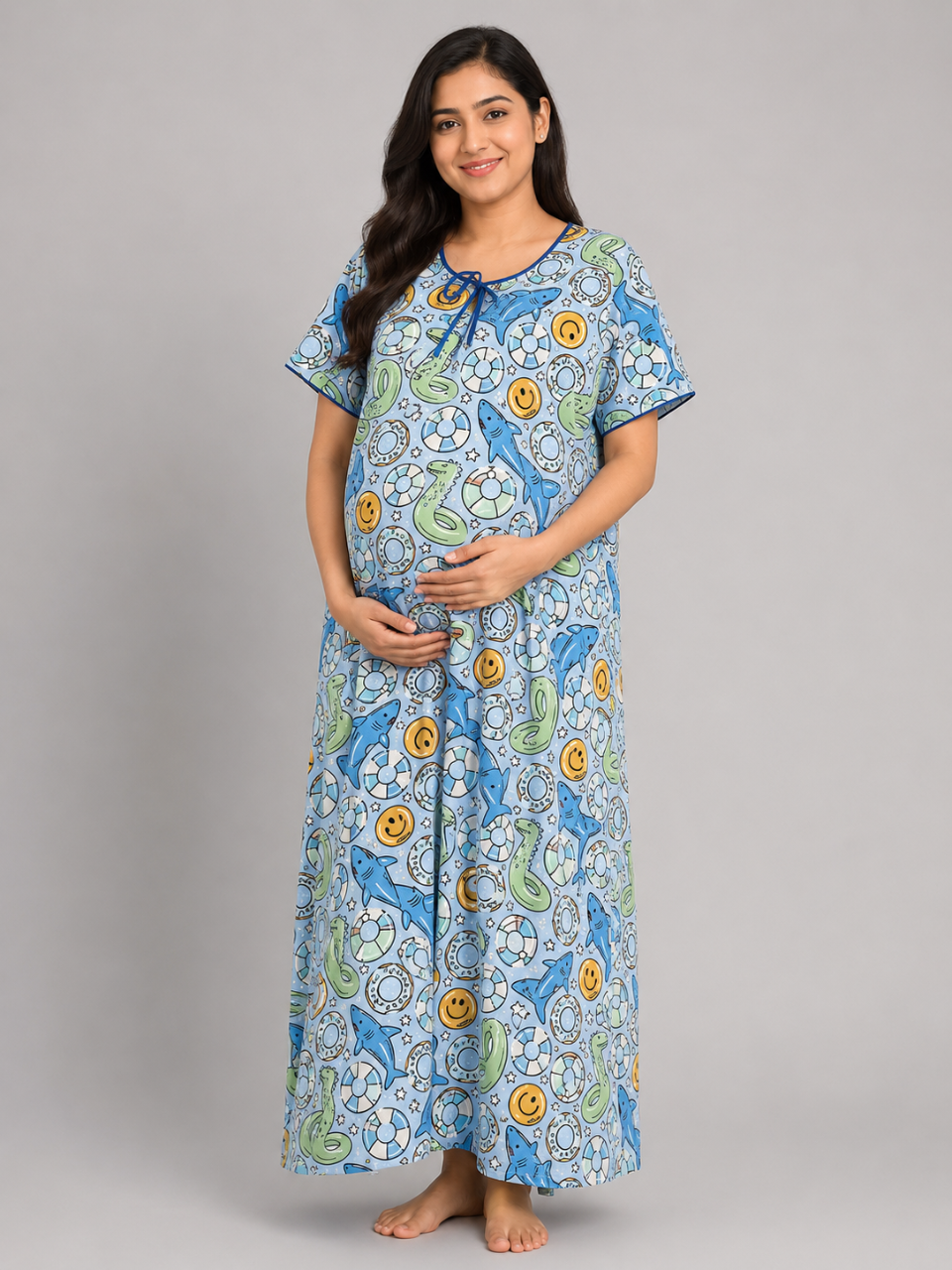 Floaties Maternity Gown - Pure Cotton Round Neck Gown with 2 Invisible Zips for Feeding