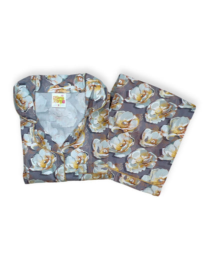 Grey Gardenia Button Down Pj Set - Pure Cotton Pj Set with Notched Collar