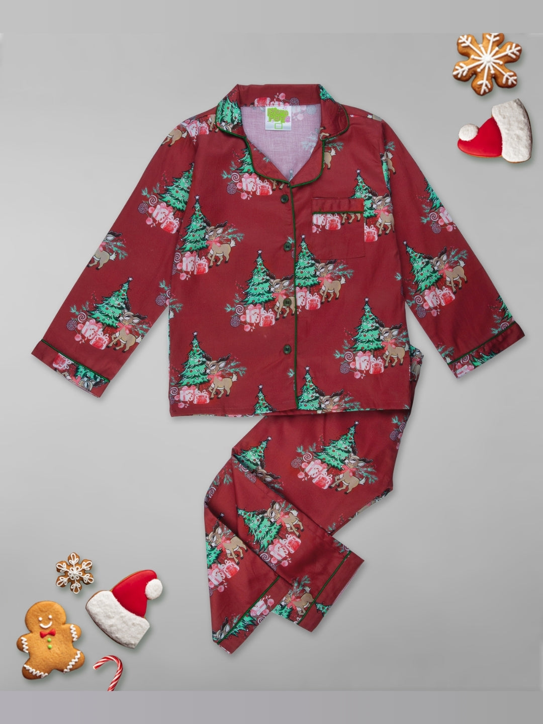 Holly Jolly Kids Button Down Pj Set - Pure Cotton Pj Set with Notched Collar