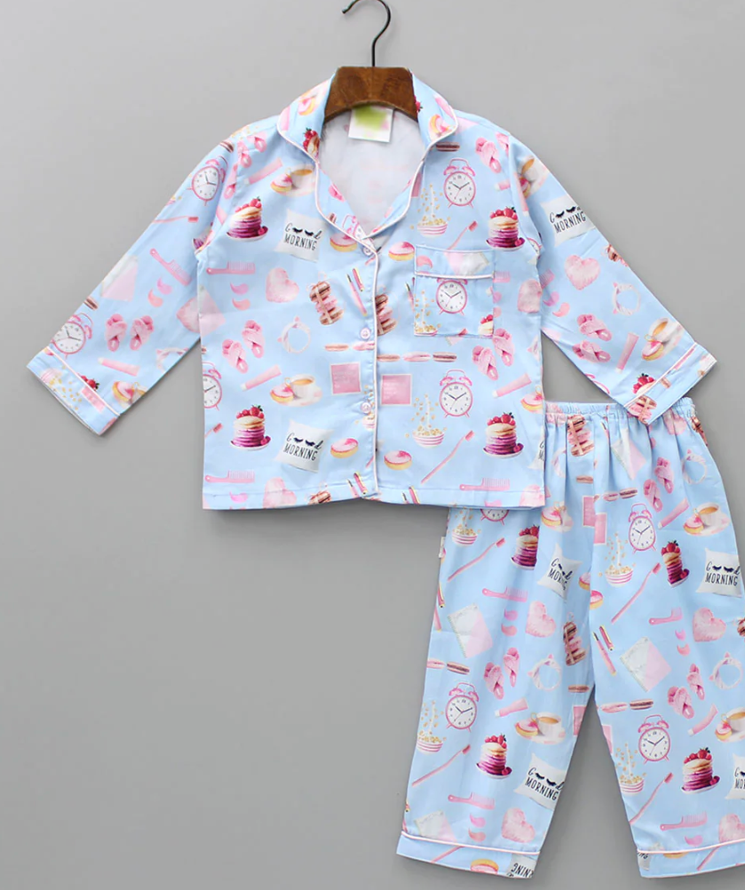 Good Morning Kids Button Down Pj Set - Pure Cotton Pj Set with Notched Collar