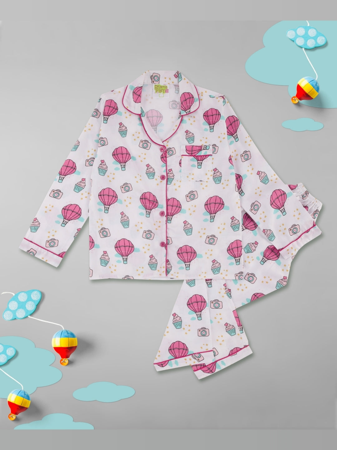 Parachutes & Camera Kids Button Down Pj Set - Pure Cotton Pj Set with Notched Collar