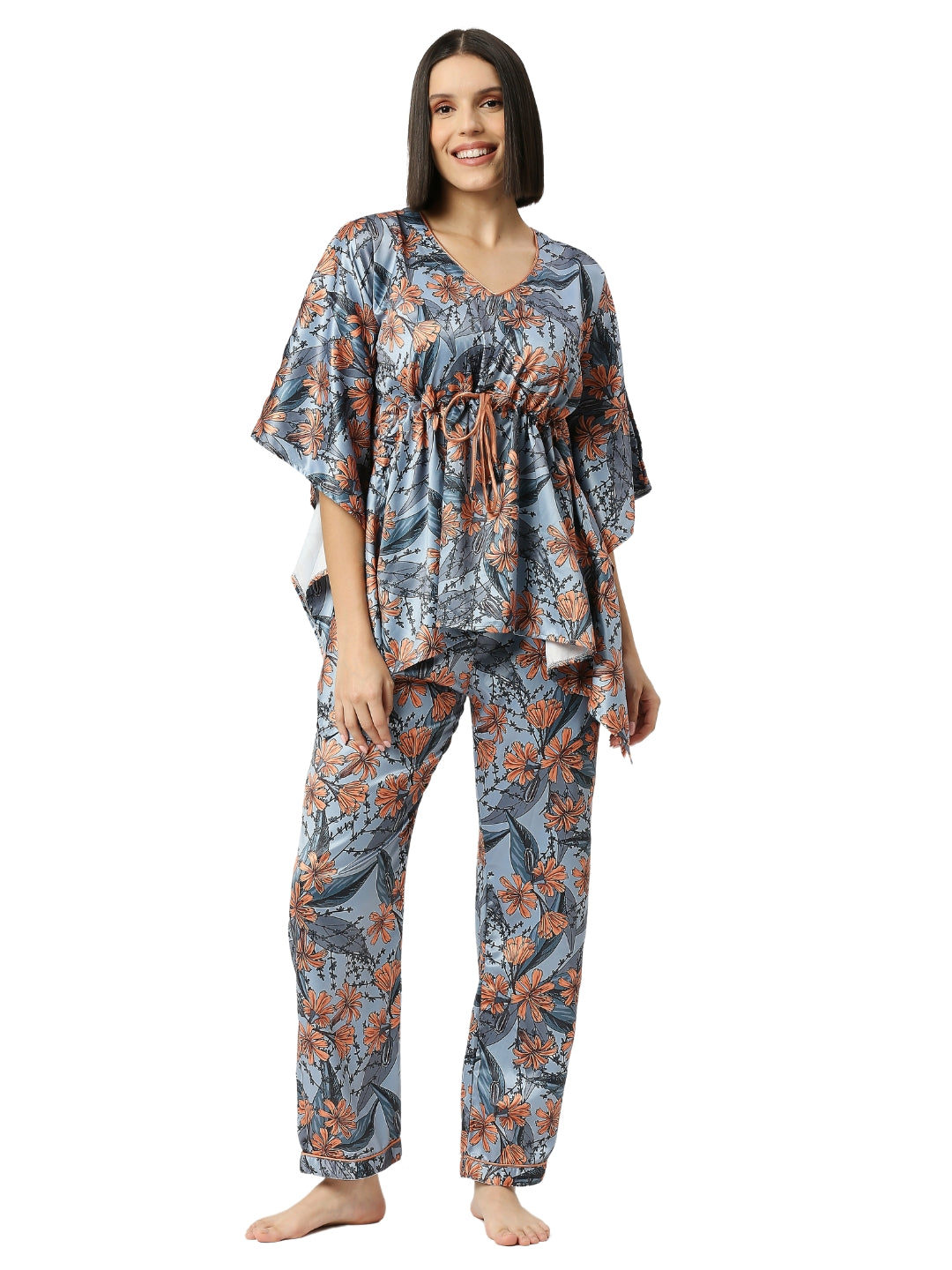 Peach Florista Satin Kaftan Pj Set - Luxury Printed Kaftan Pj Set