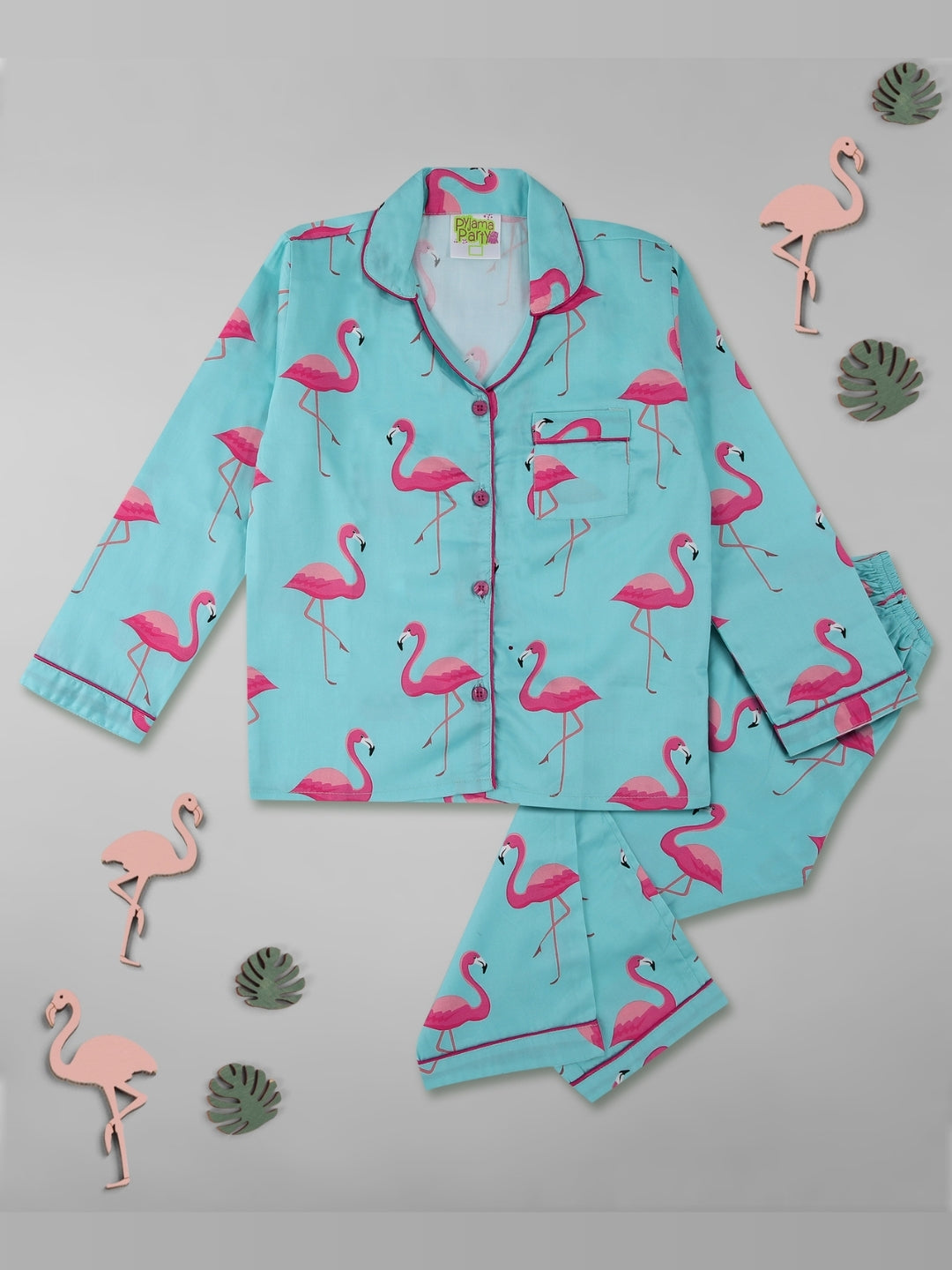 Pink Flamingo Kids Button Down Pj Set - Pure Cotton Pj Set with Notched Collar