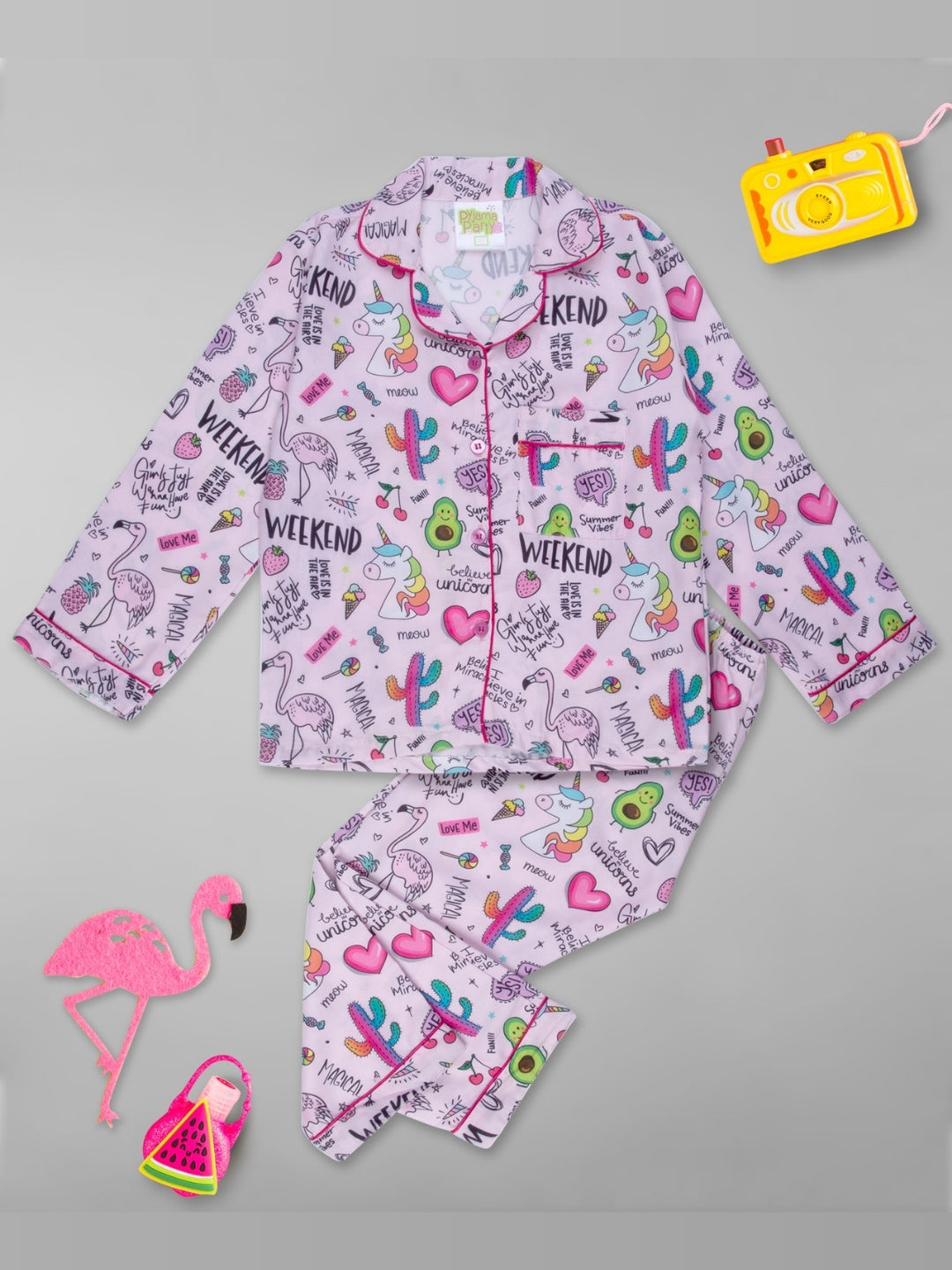 Pink Party Kids Pj Set - Cotton Rayon Pj Set with Notched Collar