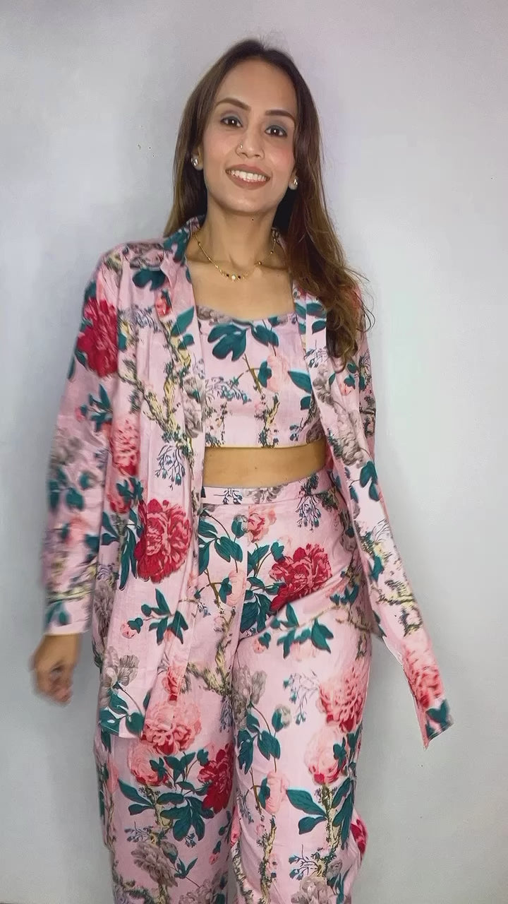 Pink Peony Co-ord Set- 3 Piece Co-ord Set in Pure Cotton