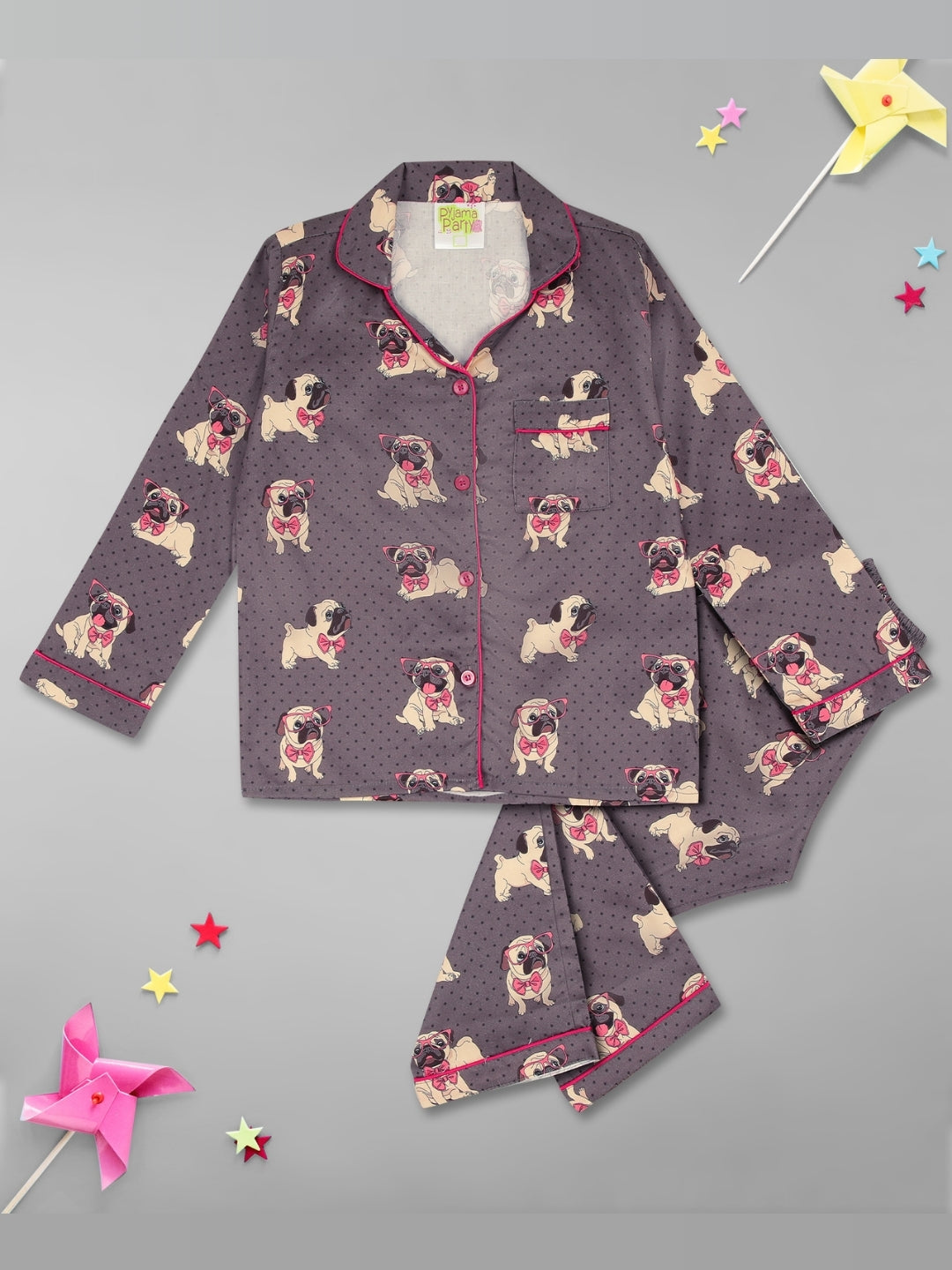 Pug Iife Kids Button Down Pj Set - Pure Cotton Pj Set with Notched Collar