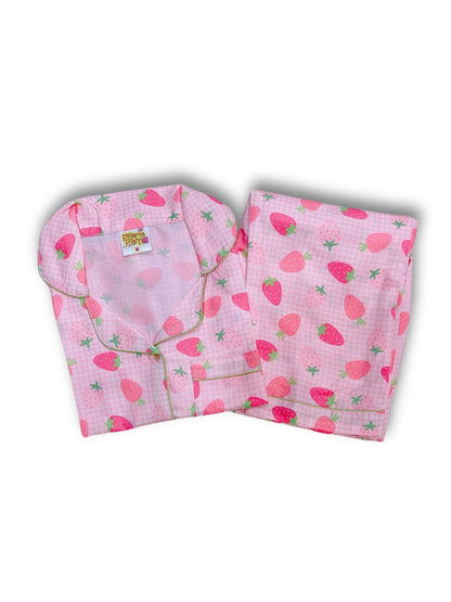 Strawberry Sweetheart Button Down Pj Set - Cotton Rayon Pj Set with Notched Collar