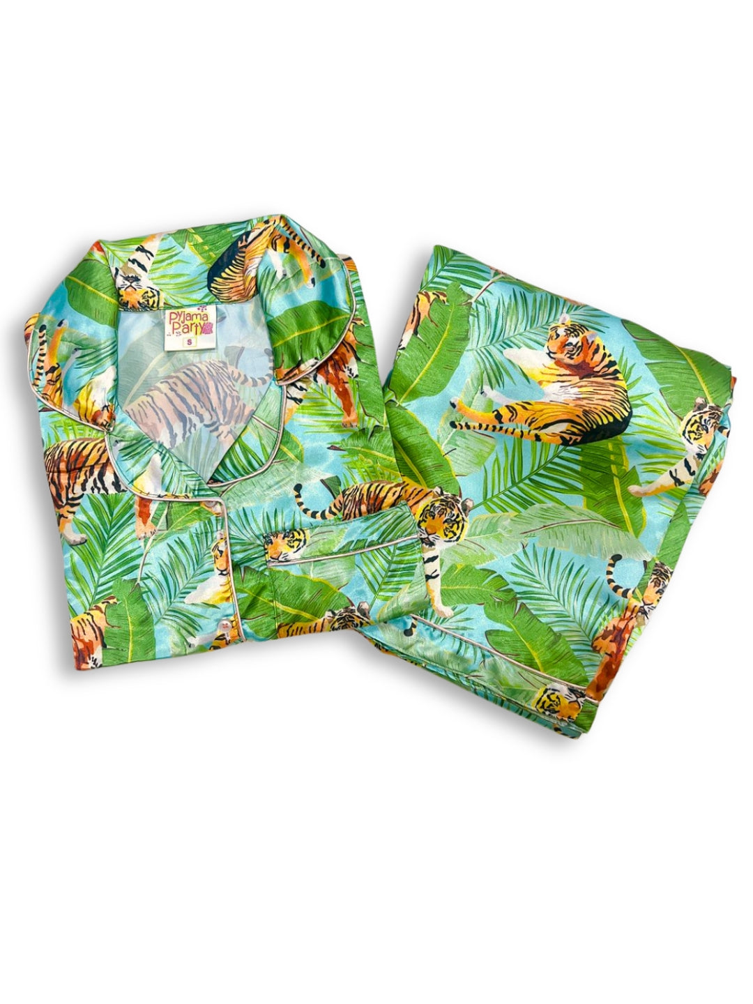 Tiger Safari Satin Pj Set - Luxury Printed Button Down Pj Set