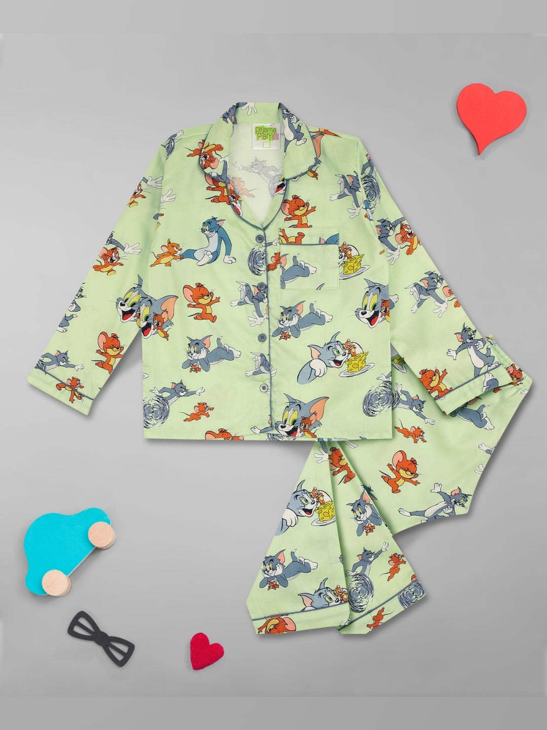 Tom &amp; Jerry Kids Button Down Pj Set - Pure Cotton Pj Set with Notched Collar