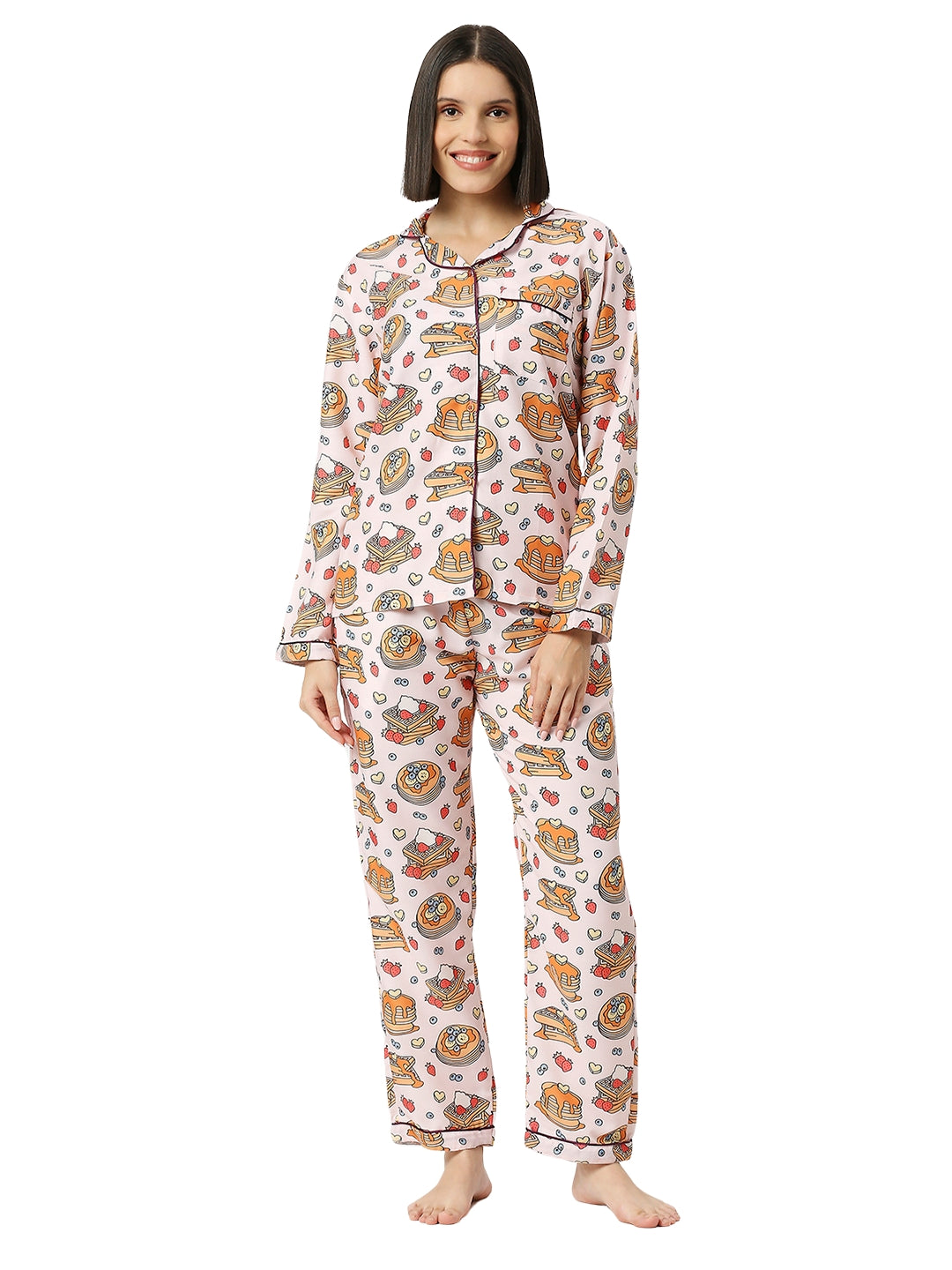 Waffles & Pancakes Button Down Pj Set - Cotton Rayon Pj Set with Notched Collar