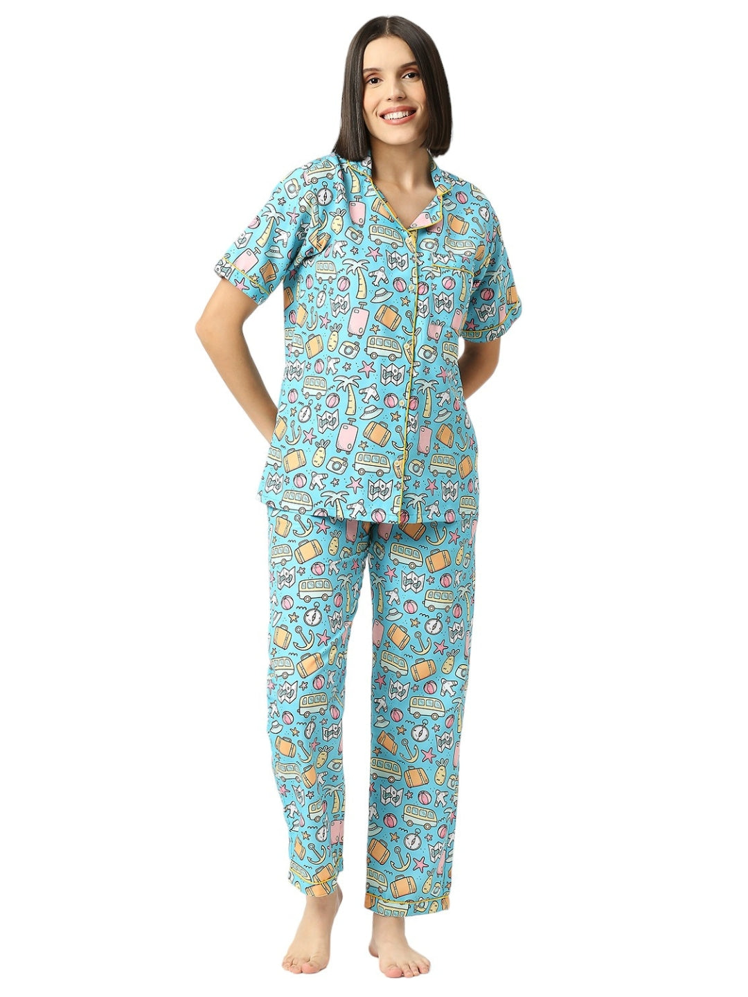 Wanderlust Button Down Pj Set - Cotton Rayon Pj Set with Notched Collar