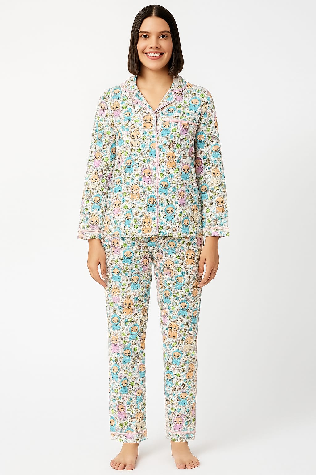 White Labubu Button Down Pj Set - Cotton Rayon Pj Set with Notched Collar