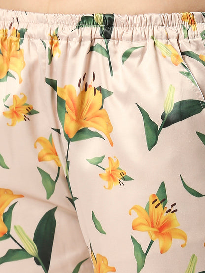 Yellow Blossom Satin Pj Set - Luxury Printed Button Down Pj Set