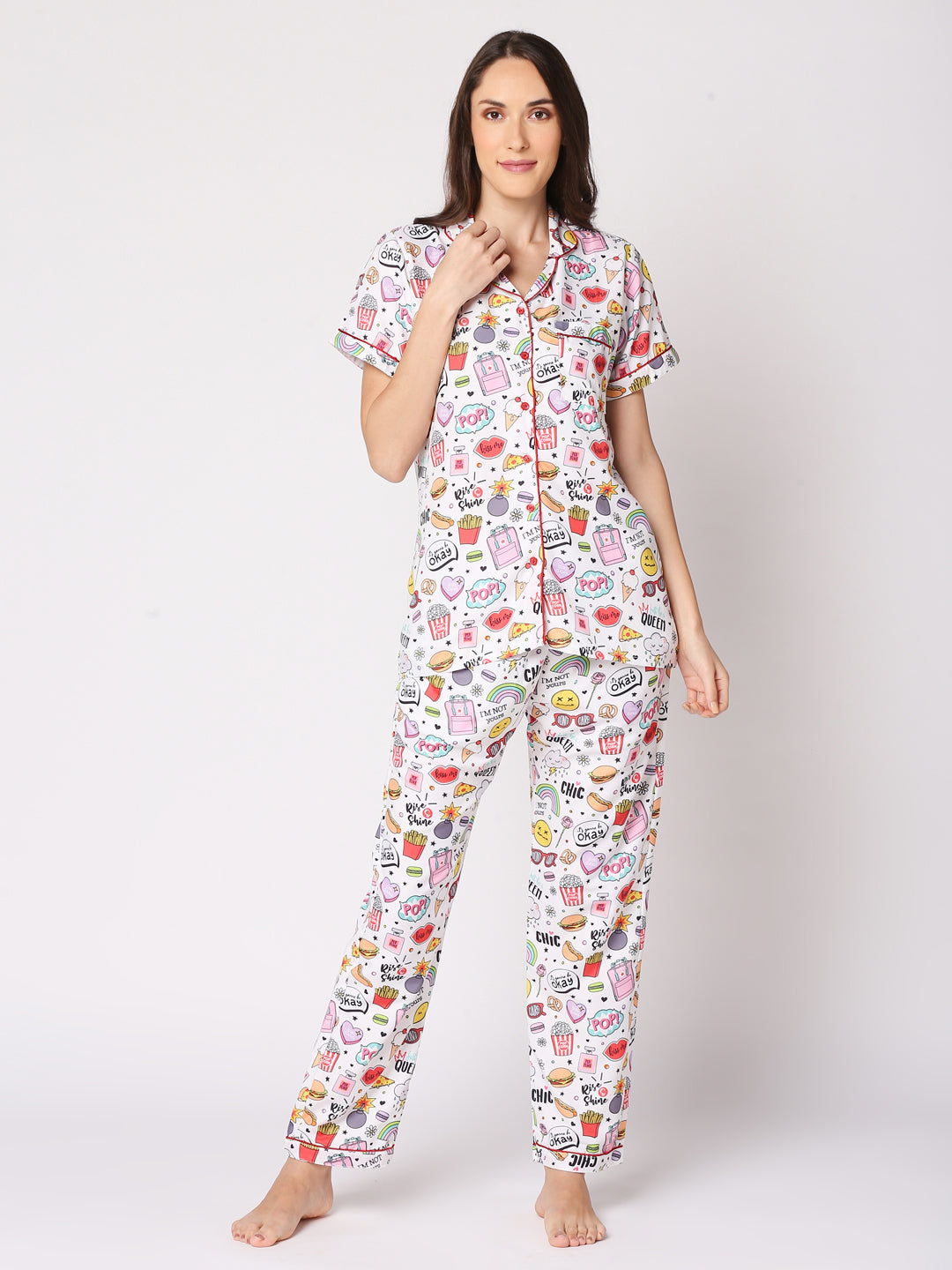 Pop Button Down Pj Set - Cotton Rayon Pj Set with Notched Collar