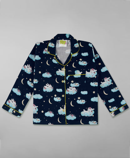 Bunny In The Cloud Kids Button Down Pj Set - Pure Cotton Pj Set with Notched Collar