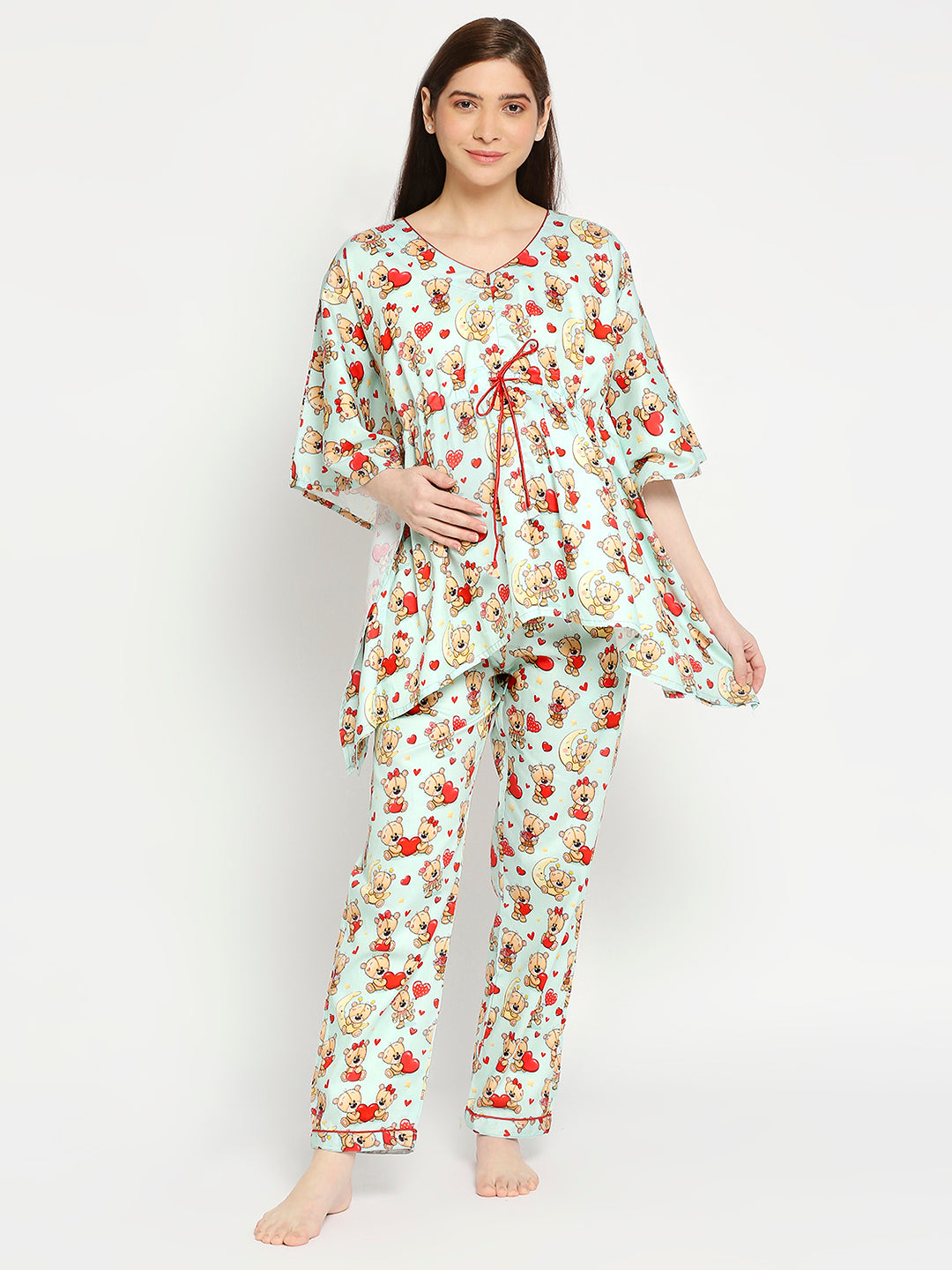 Loving Teddy Maternity Kaftan Pj Set - Pure Cotton Pj Set in Kaftan Style with Single Invisible Zip for Feeding