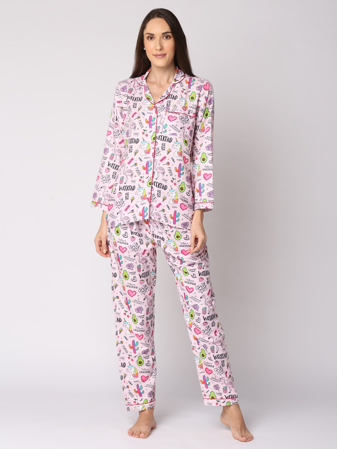Pink Party Button Down Pj Set - Cotton Rayon Pj Set with Notched Collar