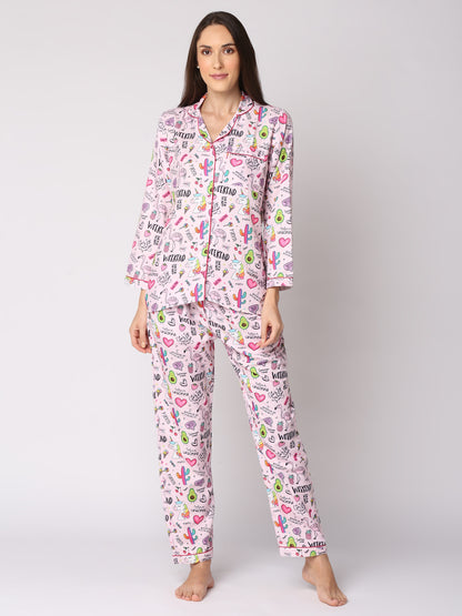 Pink Party Button Down Pj Set - Cotton Rayon Pj Set with Notched Collar