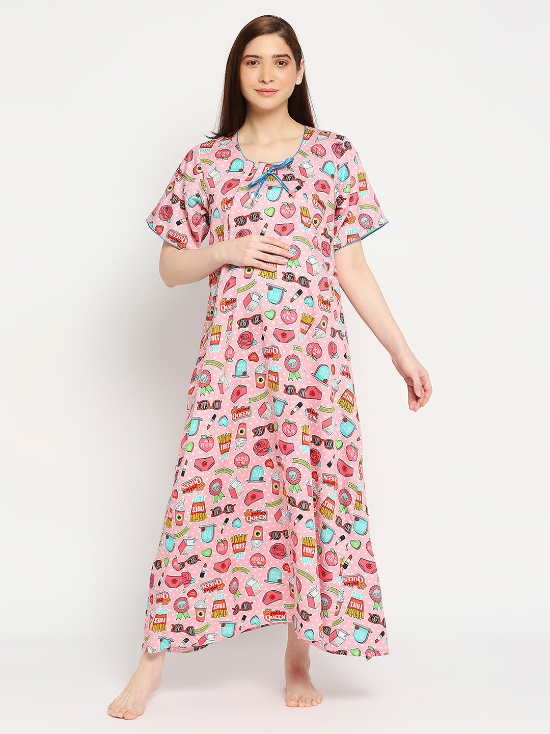 Feminist Maternity Gown - Pure Cotton Round Neck Gown with 2 Invisible Zips for Feeding