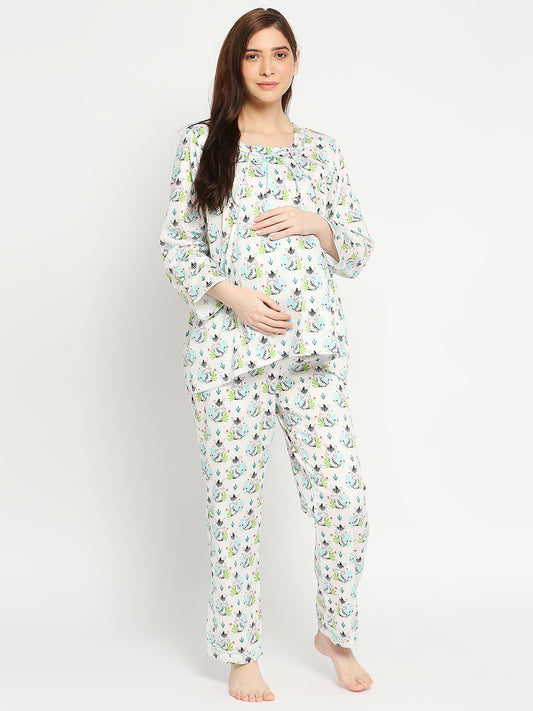 Baby Zee Maternity Pj Set - Pure Cotton Pj Set in Round Neck with 2 Invisible Zips