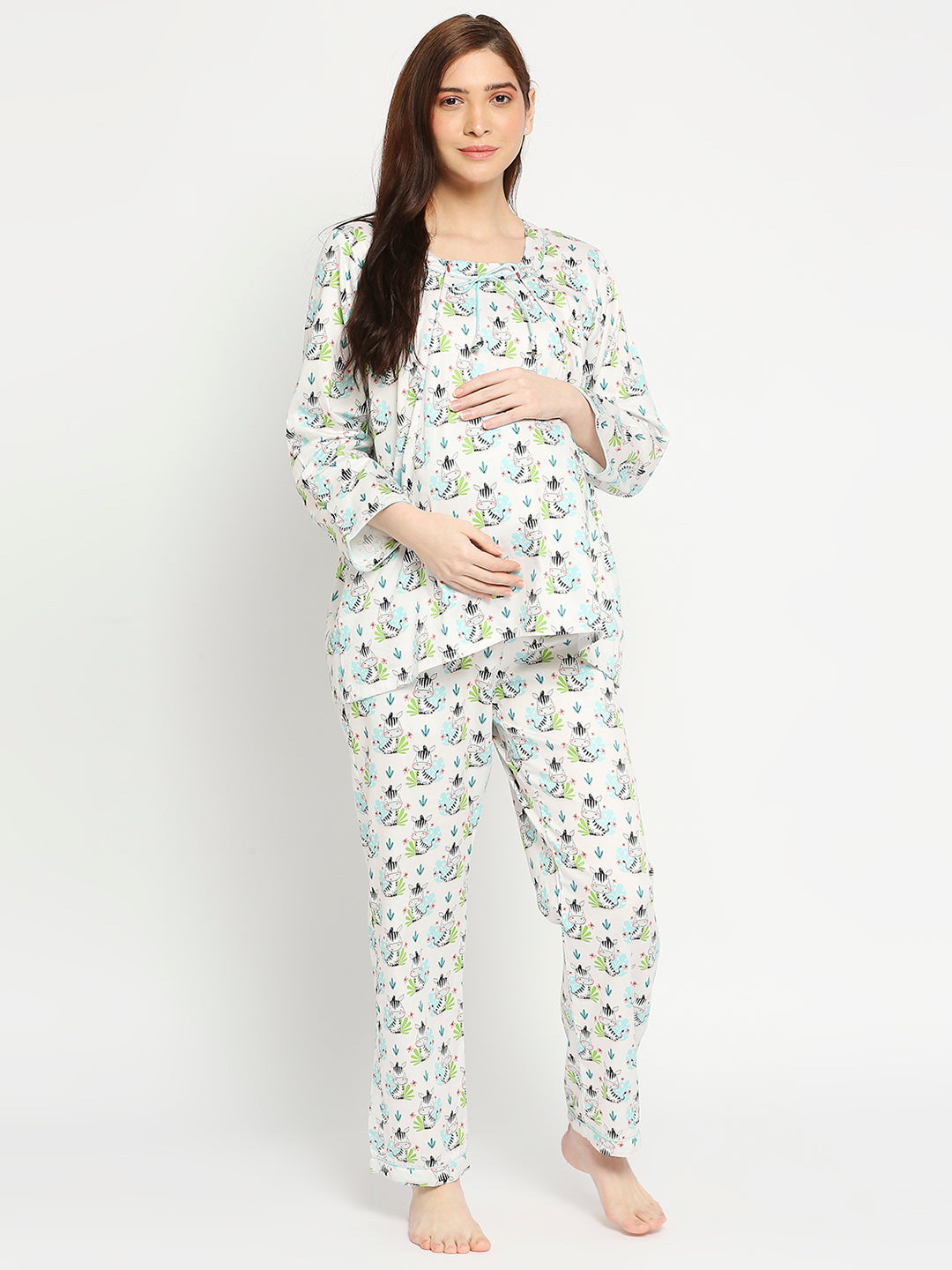 Baby Zee Maternity Pj Set - Pure Cotton Pj Set in Round Neck with 2 Invisible Zips for Feeding
