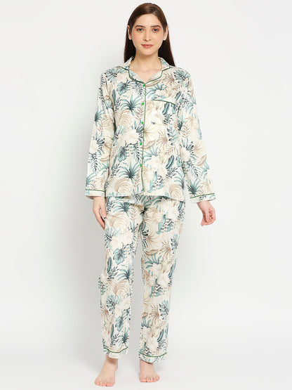 Woodland Button Down Pj Set - Pure Cotton Pj Set with Notched Collar