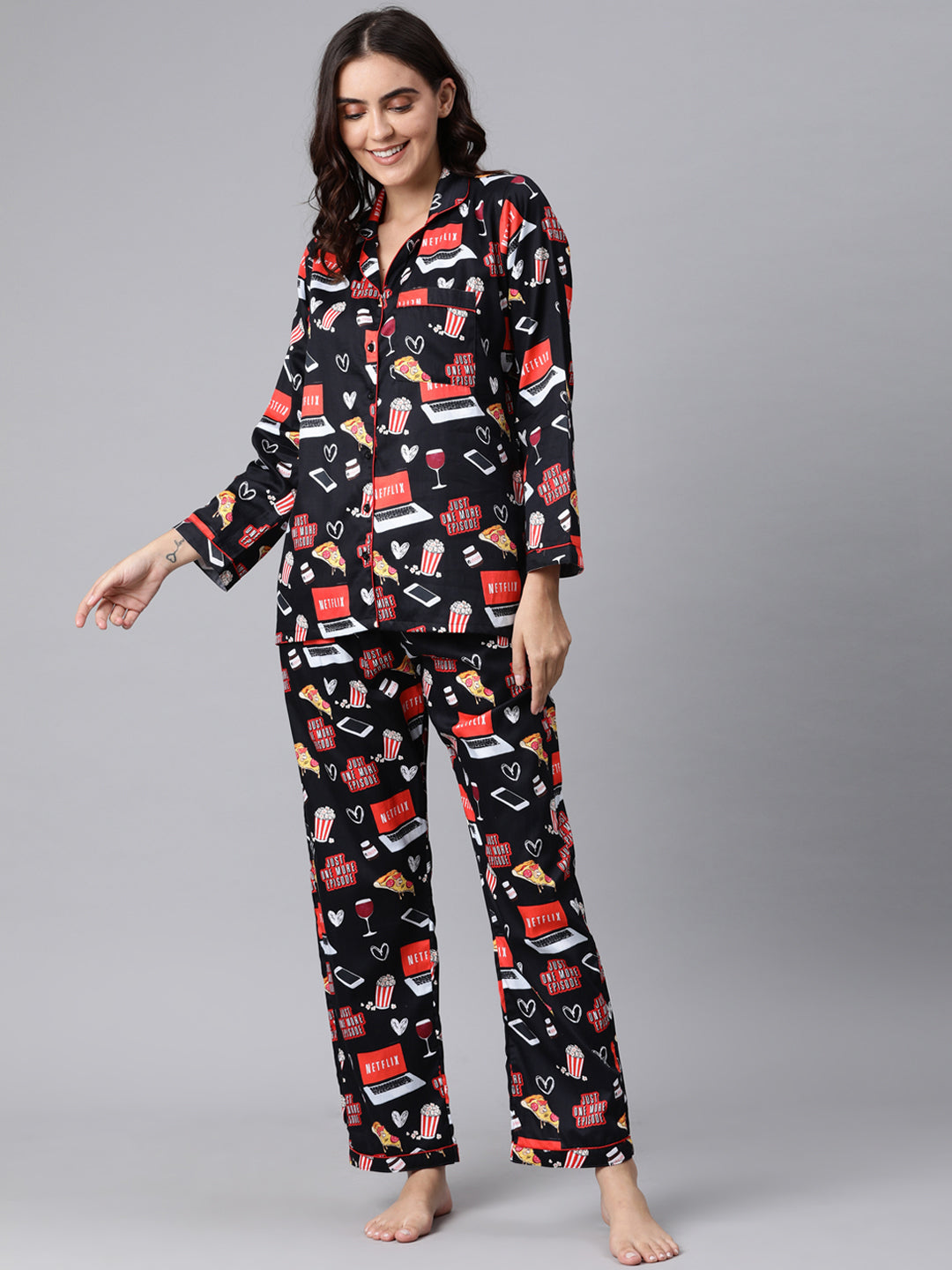 Netflix &amp; Chill Button Down Pj Set - Pure Cotton Pj Set with Notched Collar
