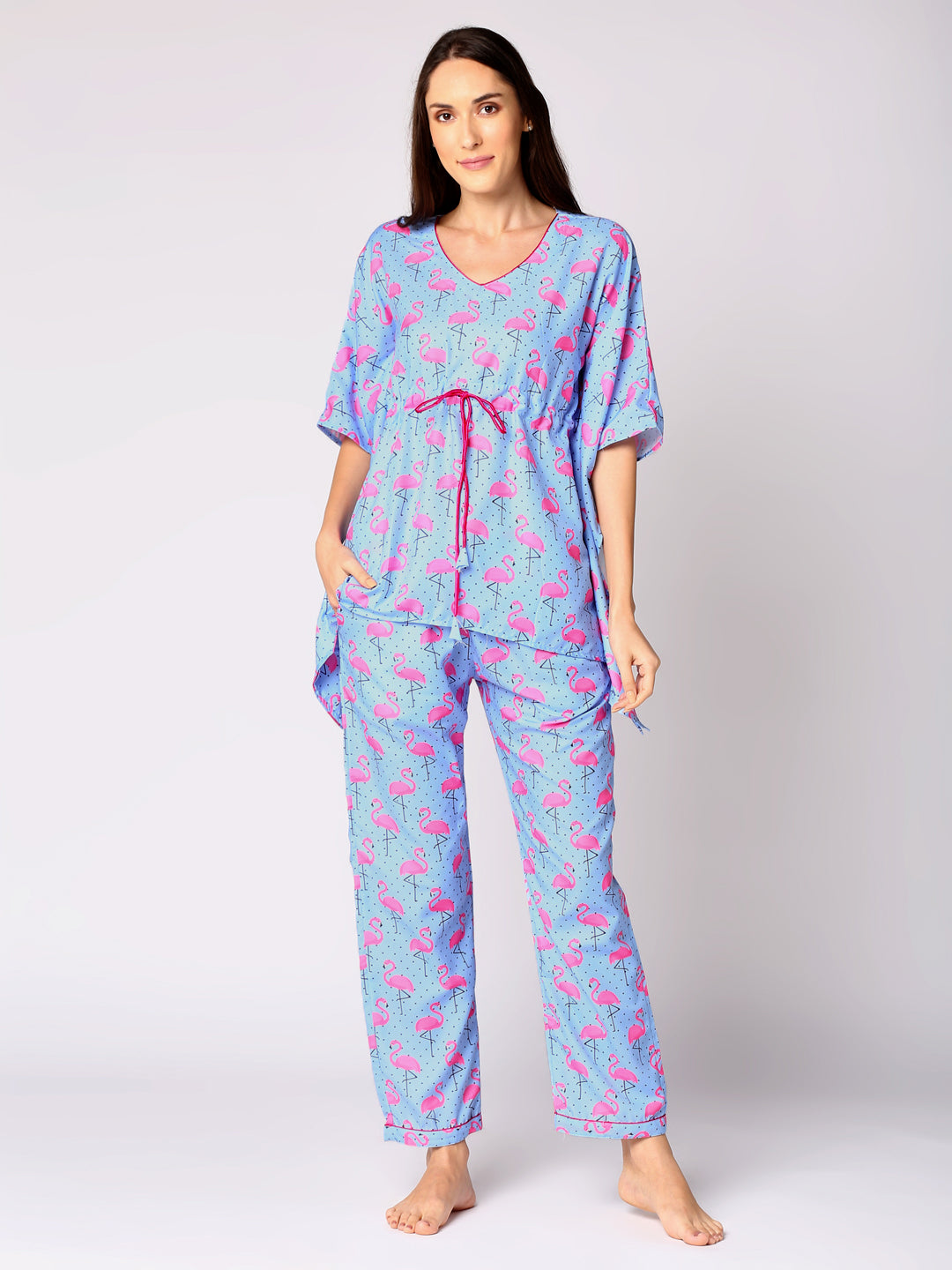 Flamingo & Dots Kaftan Pj Set - Cotton Rayon Pj Set in Kaftan Style