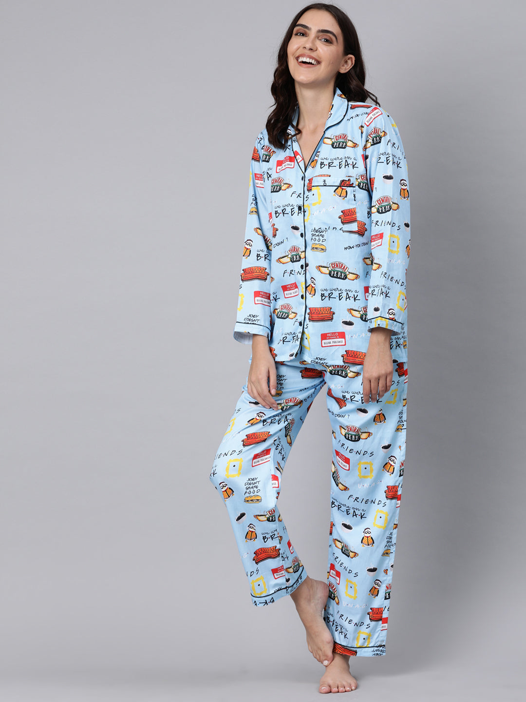 Friends Button Down Pj Set - Pure Cotton Pj Set with Notched Collar