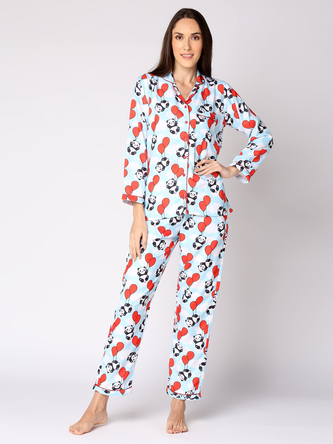 Happy Panda Button Down Pj Set - Cotton Rayon Pj Set with Notched Collar