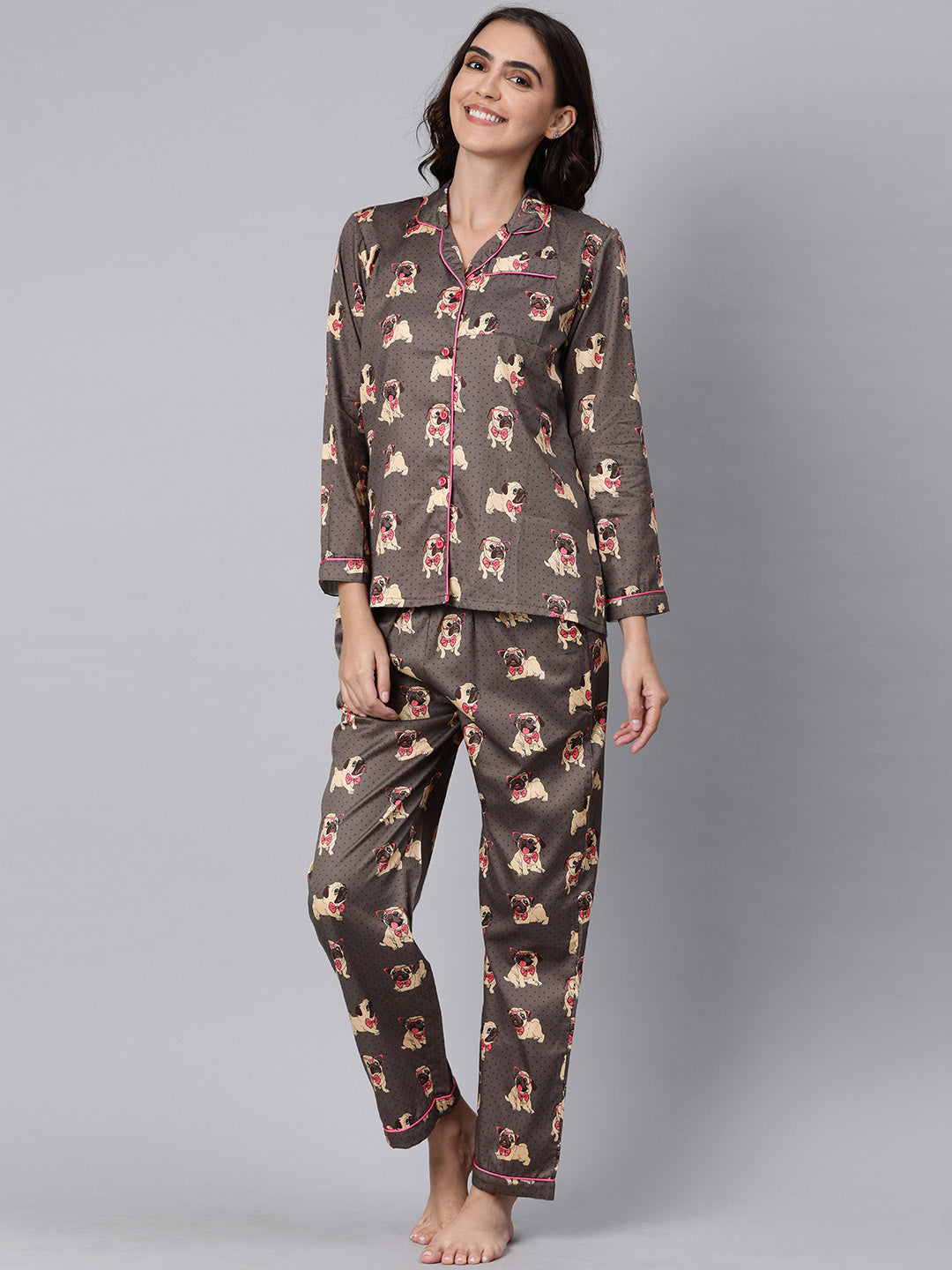Pug Life  Button Down Pj Set - Pure Cotton Pj Set with Notched Collar