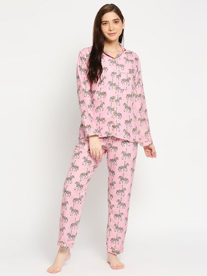 Royal Horse Button Down Pj Set - Cotton Rayon Pj Set with Notched Collar