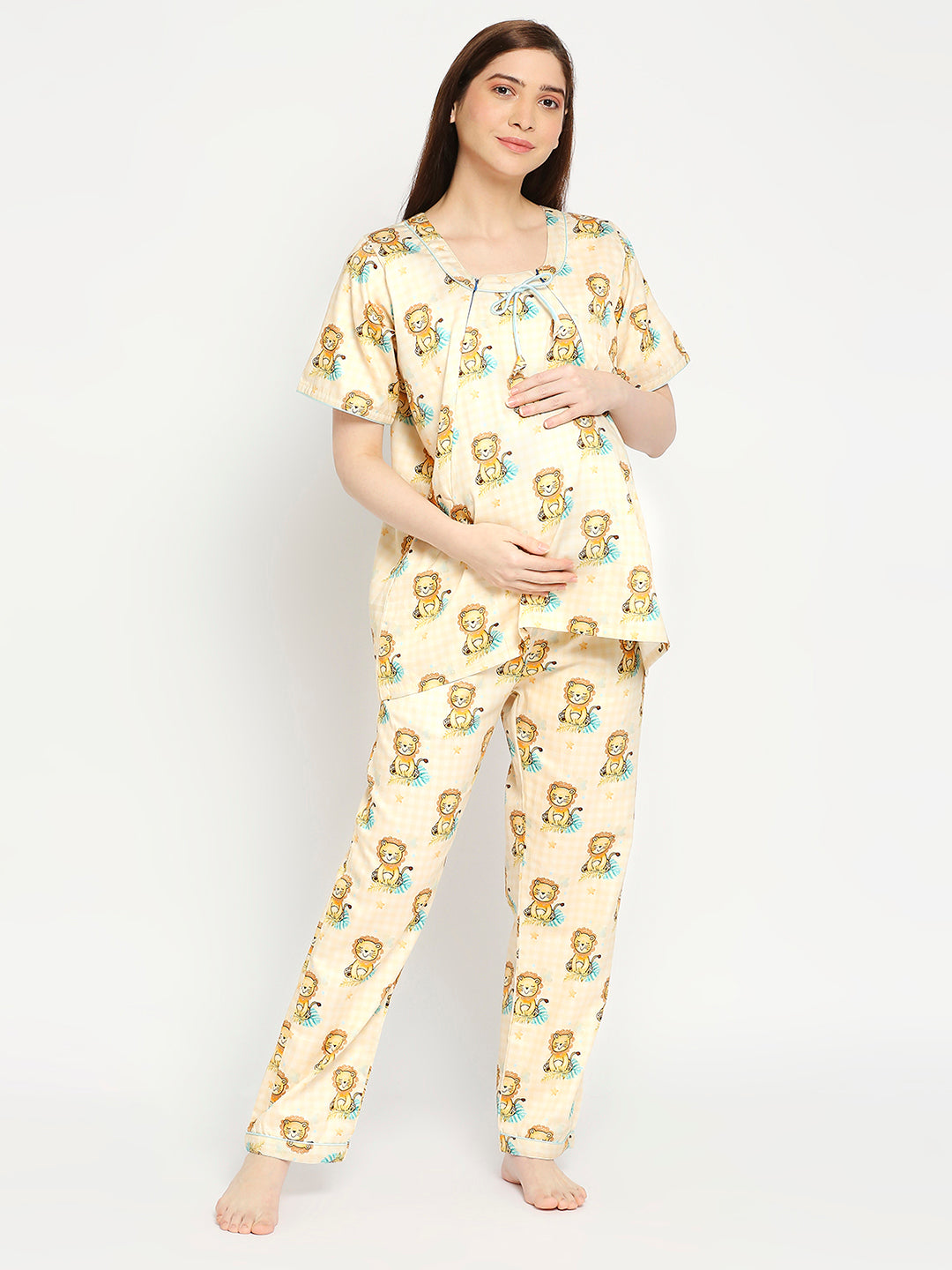 Little Lion Maternity Pj Set - Pure Cotton Pj Set in Round Neck with 2 Invisible Zips for Feeding