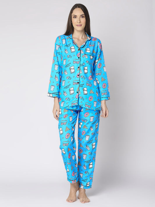Weekend Mode Button Down Pj Set - Cotton Rayon Pj Set with Notched Collar