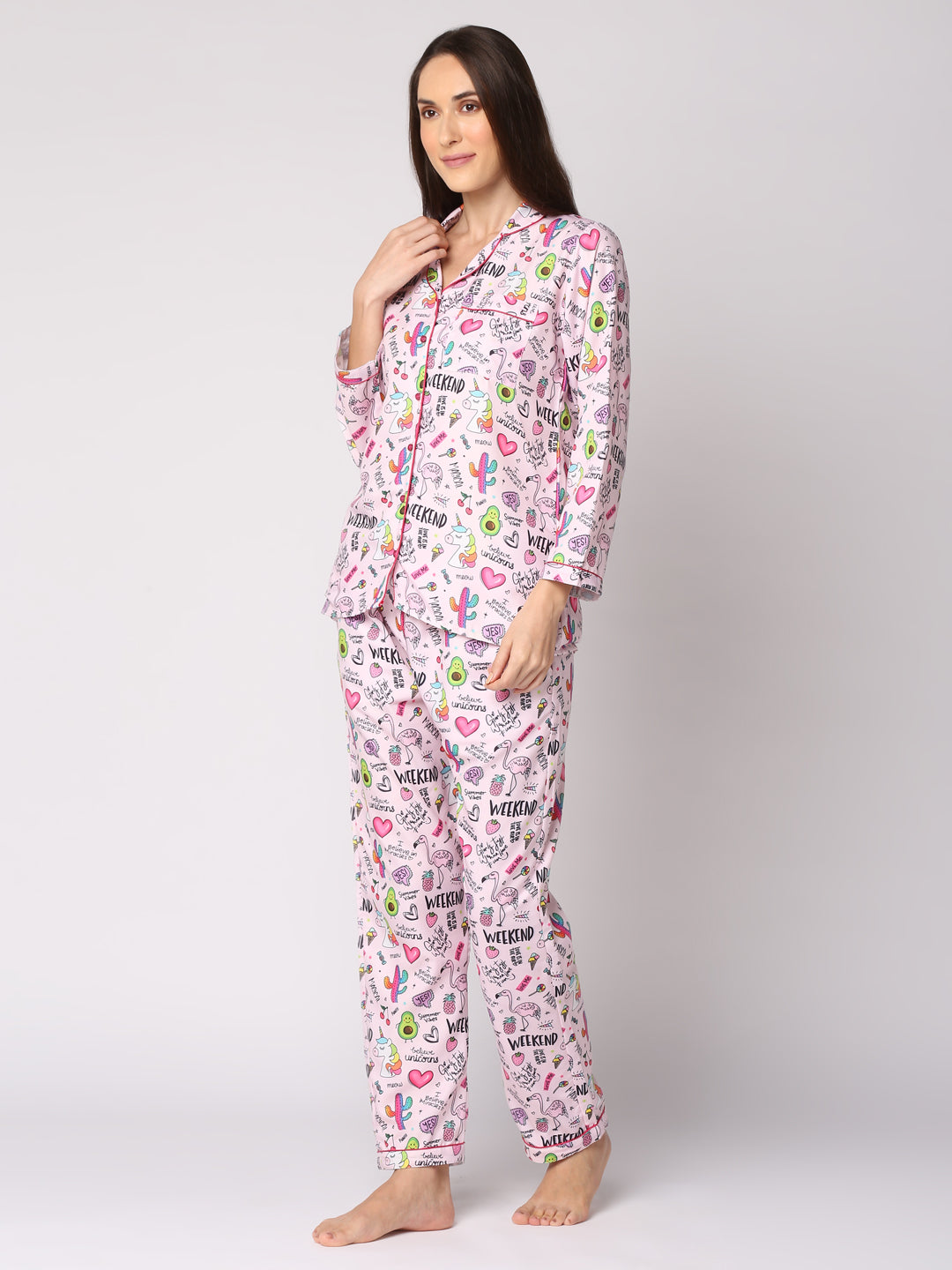 Pink Party Button Down Pj Set - Cotton Rayon Pj Set with Notched Collar