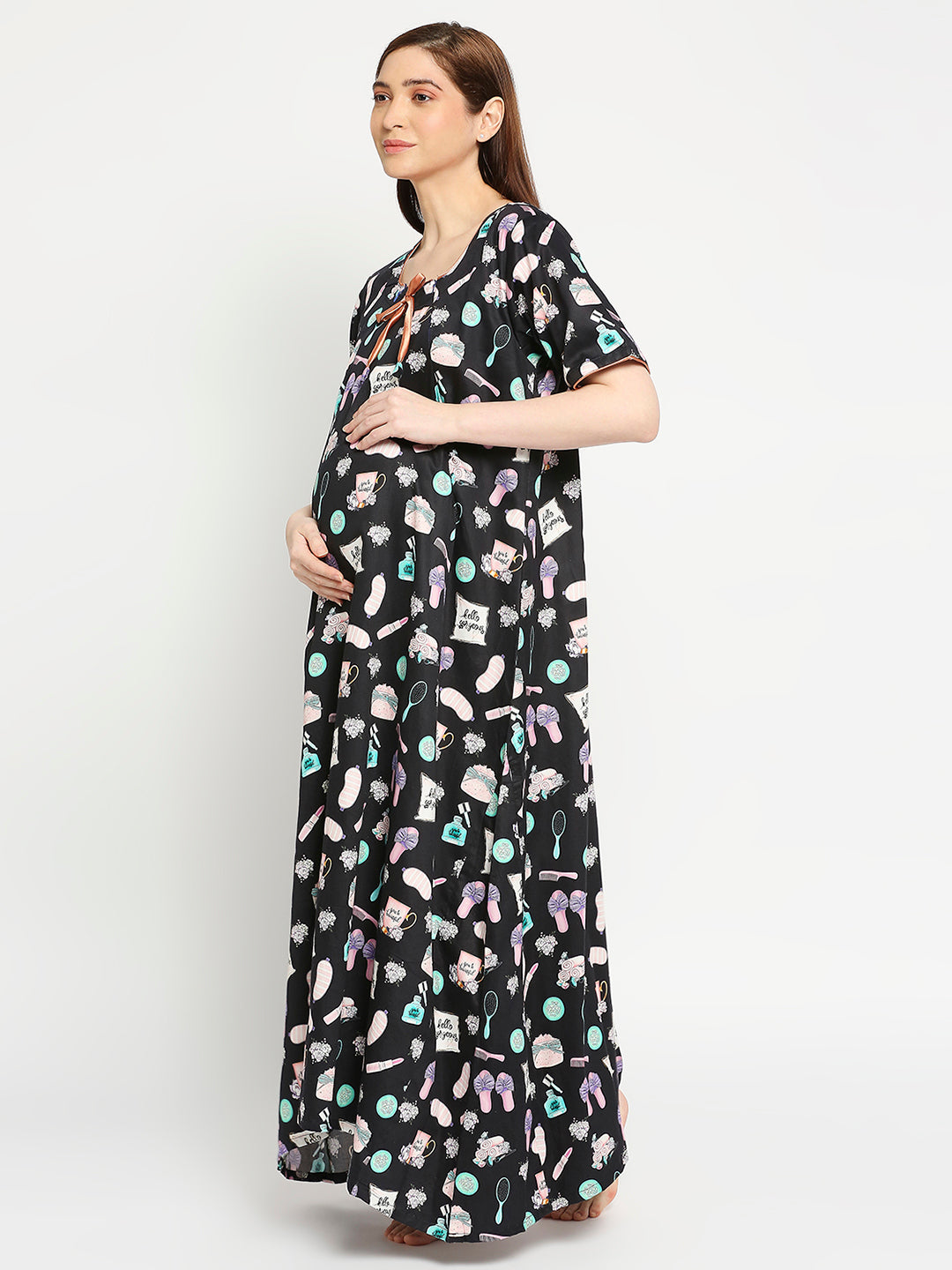 Spa Time Maternity Gown -Pure Cotton Round Neck Gown with 2 Invisible Zips for Feeding
