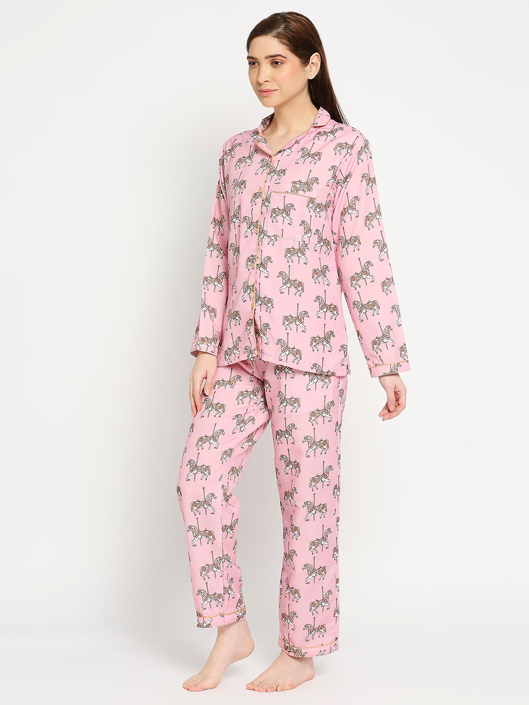 Royal Horse Button Down Pj Set - Cotton Rayon Pj Set with Notched Collar