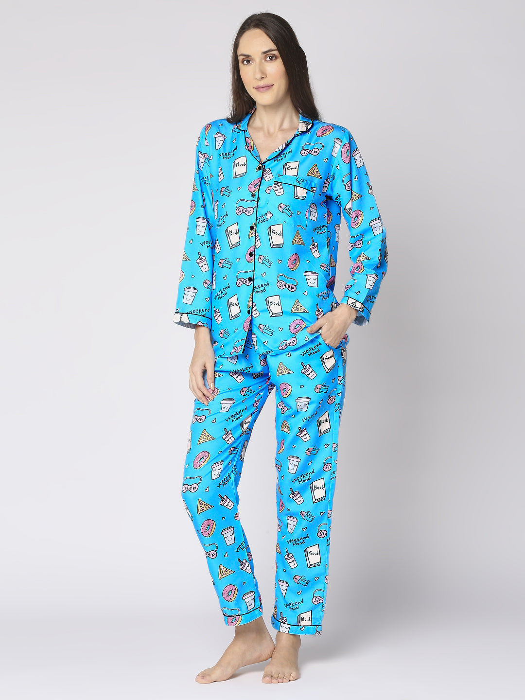 Weekend Mode Button Down Pj Set - Cotton Rayon Pj Set with Notched Collar