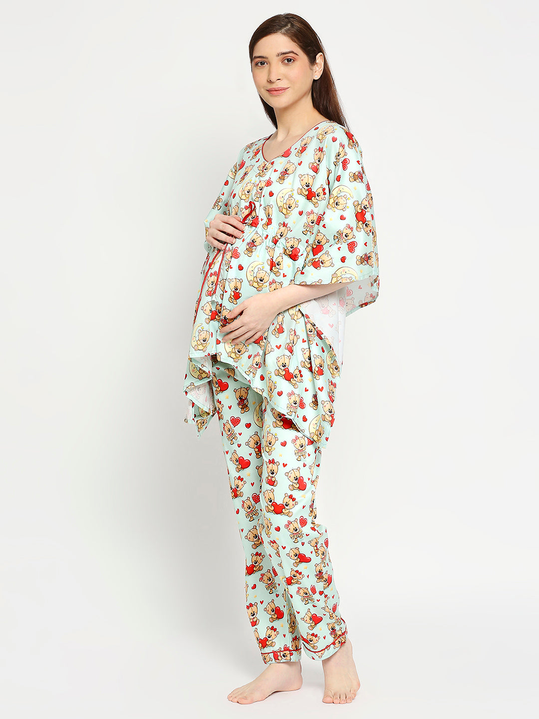 Loving Teddy Maternity Kaftan Pj Set - Pure Cotton Pj Set in Kaftan Style with Single Invisible Zip for Feeding