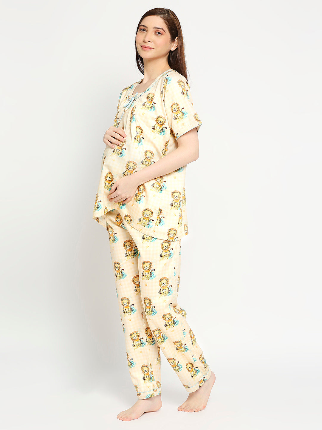 Little Lion  Maternity Pj Set -  Pure Cotton Pj Set in Round Neck with 2 Invisible Zips for Feeding
